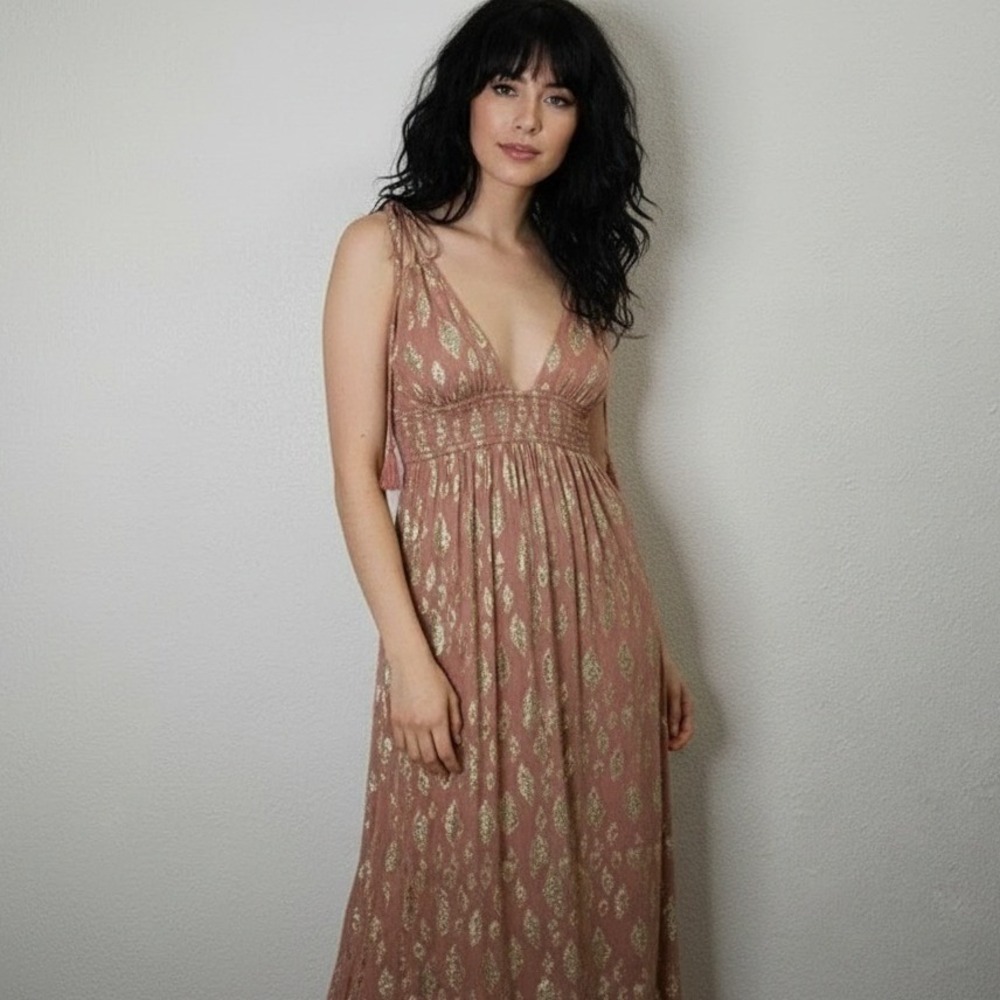 Altar'd State Rose Gold Metallic Maxi Dress Smocked Tassel Boho M Goddess Formal